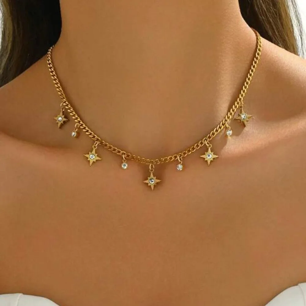 18K Gold Filled Star Charm Necklace with Crystal Accents